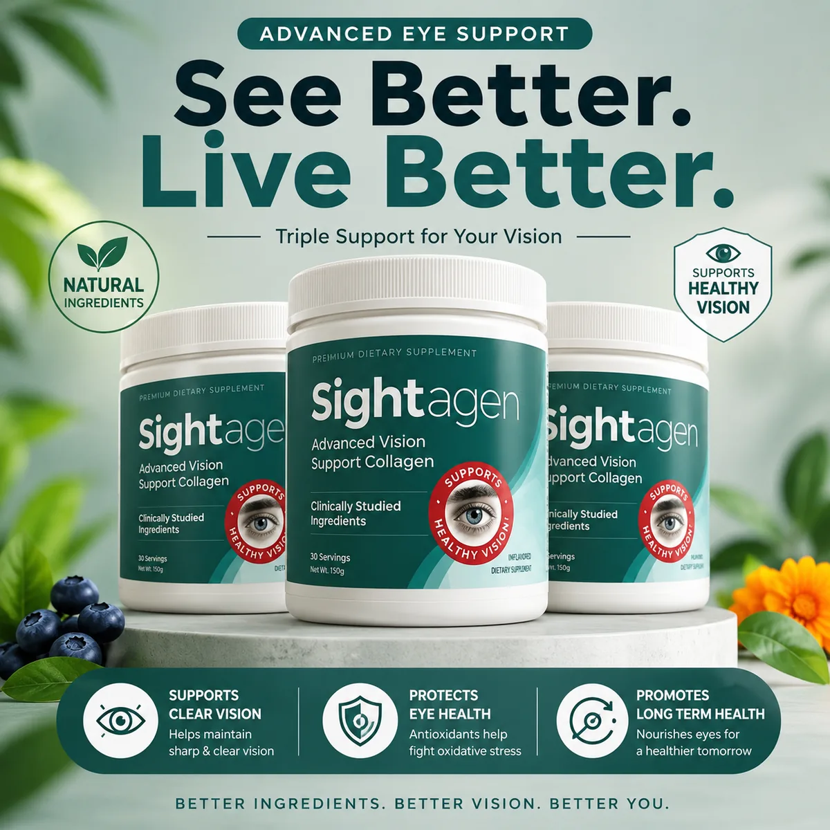 Three bottles of Sightagen advanced vision support collagen supplement