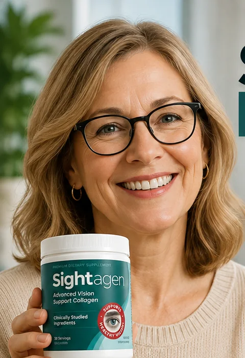 Woman reviewing Sightagen vision wellness supplement at home